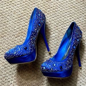 Alba heels with Blue Satin Peep Toe Beaded Stilettos size 7,5